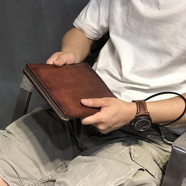 Handmade Black Leather Mens Bifold Wristlet Wallet Brown Clutch Wallet IPAD Bag YBL03282074