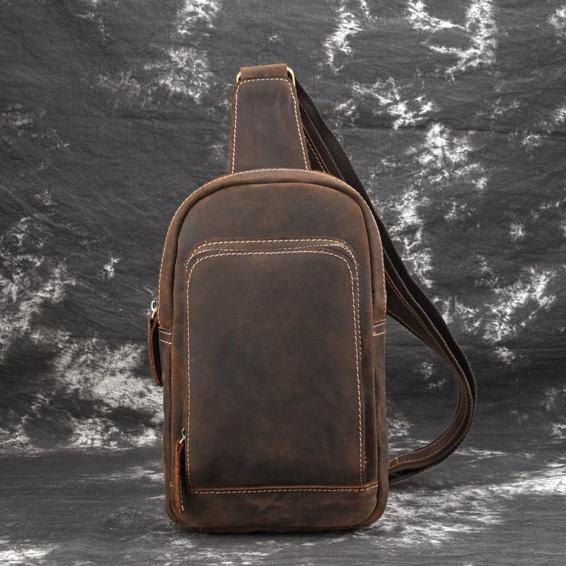 backpacks with one strap​ Brown Leather Men's Sling Bag Sling Pack Leather Chest Bag One Strap Backpack For Men