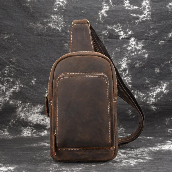 Brown One Strap Backpack For Men Leather - Back View