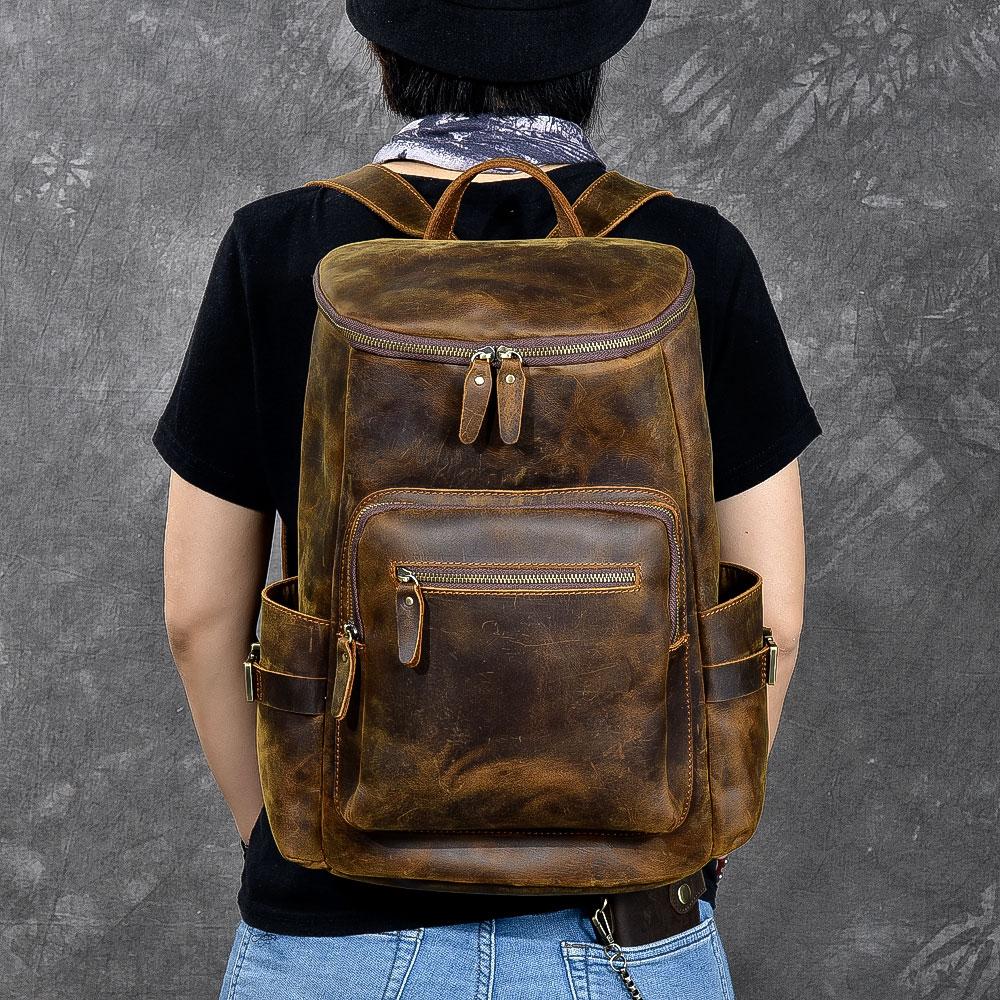 Brown Leather Men 14" Laptop Large Backpack Hiking Backpack Travel Backpack College Bag for Men