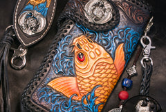 Handmade Leather Long Black Biker Wallet Leather Chain Wallet Men Red Carp Tooled Wallets - EverHandmade