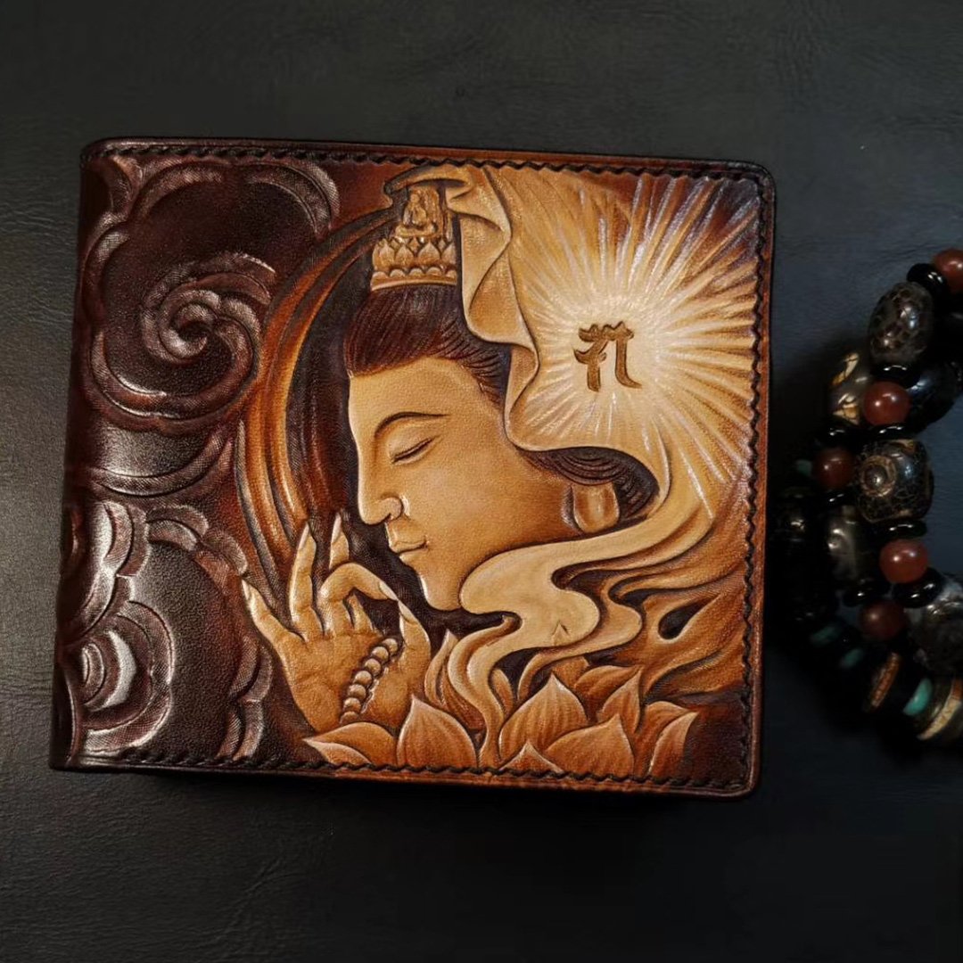 Handmade Leather Avalokitesvara Tooled Mens billfold Wallet Cool Leather Wallet Slim Wallet for Men