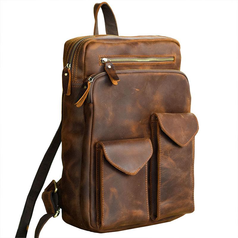 Cool Brown Leather Mens 14" Laptop Backpack Hiking Backpack Travel Backpack College Bag for Men