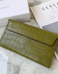 Cute Women Green Vegan Leather Long Wallet Crocodile Pattern Card Holder Clutch Wallet For Women