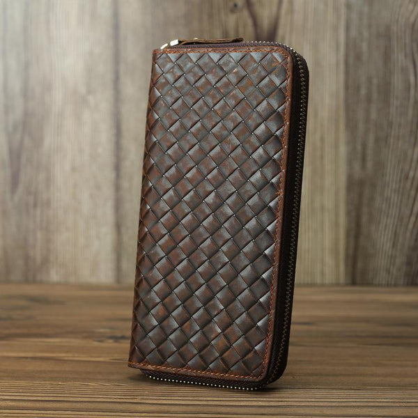 Braided Leather Long Wallet for Men Woven Bifold Long Wallet Brown Zip Cards Wal FY00882246