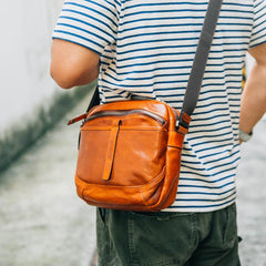Cool Black Leather Men Small Square Side Bags Tan Fashion Messenger Bag Postman Bag For Men
