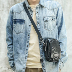 CASUAL BLACK LEATHER MEN'S MIni Vertical Side Bags MESSENGER BAG BLACK Belt Bag Blet Pouch FOR MEN