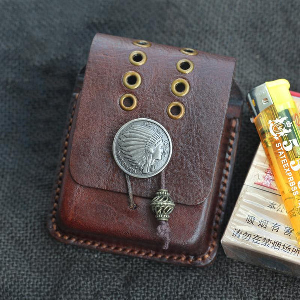 Handmade Coffee Leather Mens Cool Zippo Cigarette - Back View