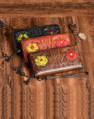 Womens Flower Coffee Leather Wristlet Wallets Zip Around Wallet Floral Ladies Zipper Clutch Wallet for Women