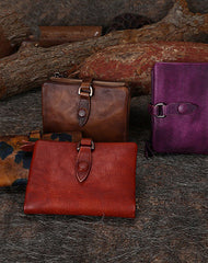 Red Small Leather Bifold Wallet Vintage Billfold Cute Women Buckle Wallet For Ladies