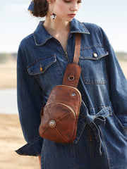 Cool Mens Womens Cap Sling Bag Vintage Leather Chest Bag Crossbody Pack for Men