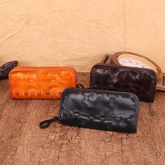 Vintage Brown Leather Men's Clutch Long Wallet Zipper Black Wristlet Wallet For Men