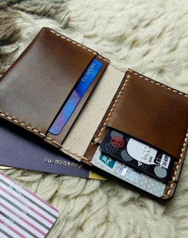 Brown Leather Mens billfold Slim Front Pocket Bifold Small Wallets Card Wallet for Men