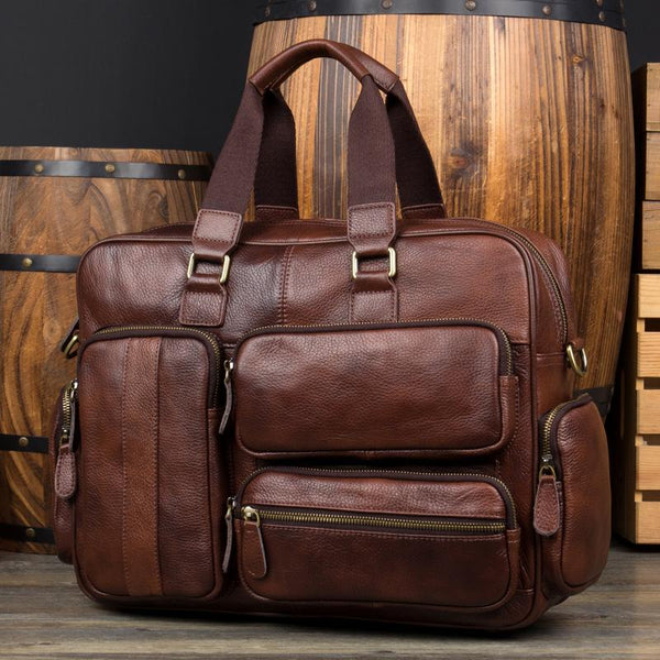 Cool Brown Leather 16 inches Travel Briefcase - Back View
