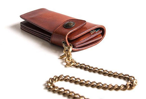 Handmade leather biker trucker wallet leather chain men Brown long wallet