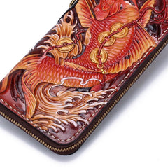 Handmade Leather Carp Mens Zipper Biker Wallet Cool Leather Chain Wallets Long Tooled Wallets for Men