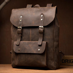 Casual Brown Mens Leather 15-inch Large Backpack Travel Backpacks Computer Backpacks for men