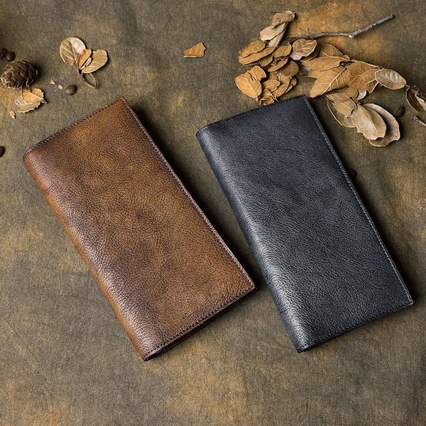 Vintage Leather Mens Brown Cool Long Wallet Long Bifold Clutch Card Wallet for M DM01781031