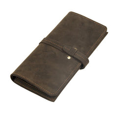 Coffee Leather Long Wallet for Men Checkbook Wallet Bifold Long Wallet With Coin Pocket For Men