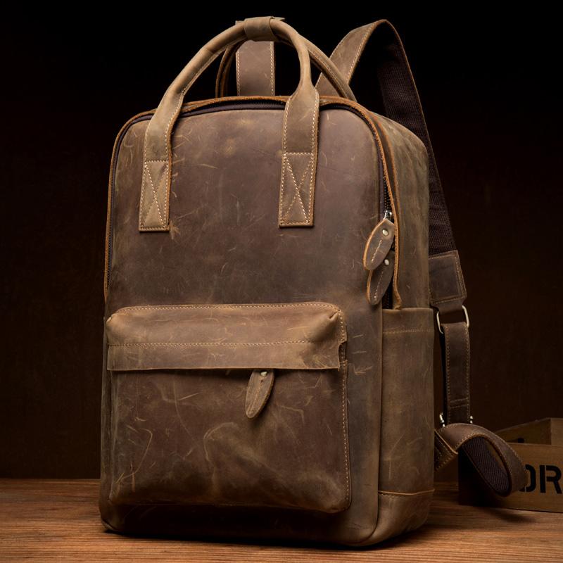 Cool Brown Mens Leather 15-inch Work Backpack Handbag Travel Backpack Computer Backpack for Men