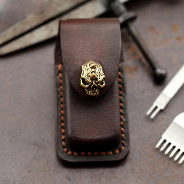 Skull Brown Leather Mens Dunhill Lighter Cases - Back View