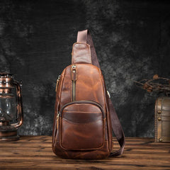 Cool Brown Leather Men's Sling Bag Chest Bag Vintage One Shoulder Backpack For Men