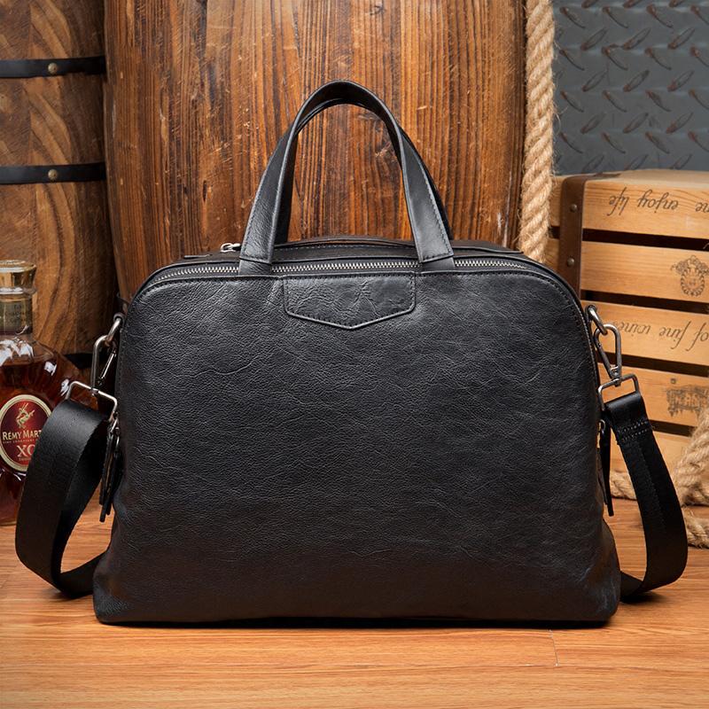 Black Cool Leather 14 inches Shoulder Briefcase Travel Bags Handbags Luggage Bag for Men
