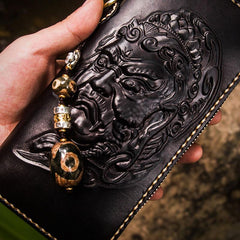 Handmade Leather Acalanatha Mens Tooled Chain Biker Wallet Cool Leather Wallet Long Clutch Wallets for Men