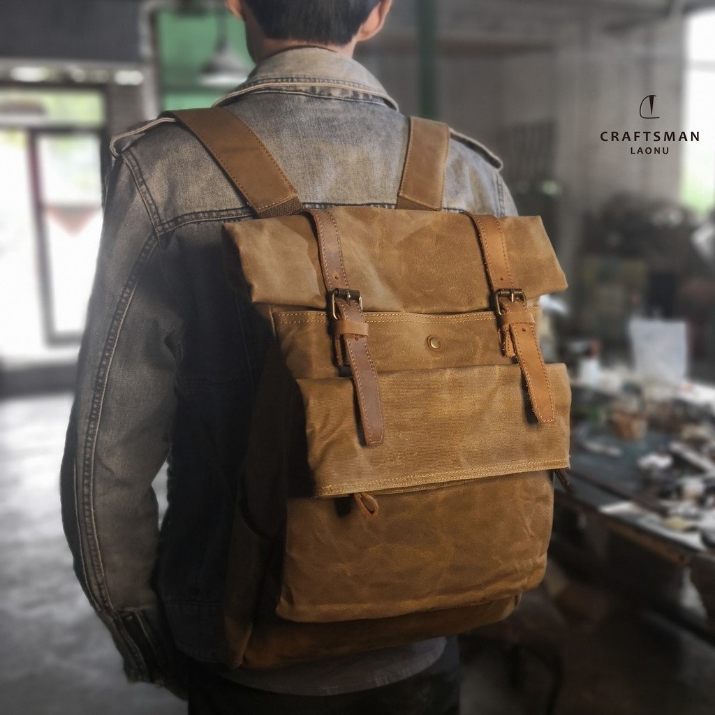 Khaki Oiled Wax Canvas Mens Rollup Backpack Travel Backpack Hiking Backpack Outdoor Backpack For Men