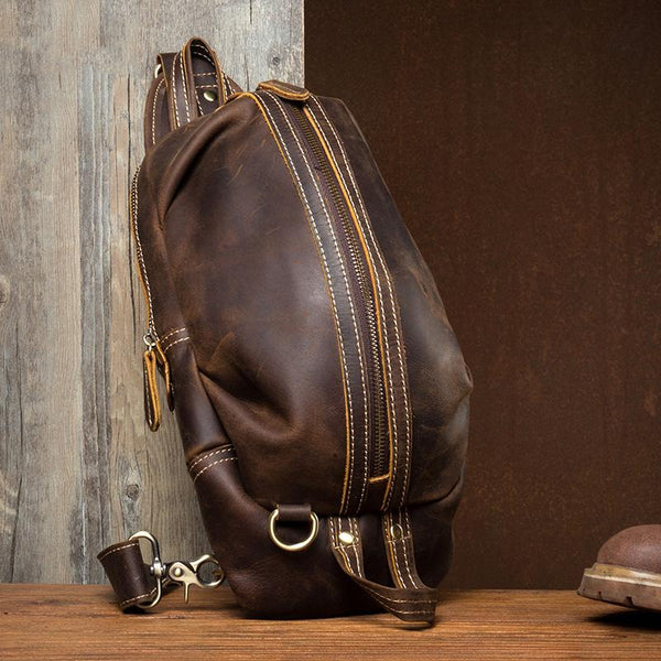 Cool Dark Brown Leather Mens Sling Pack - Back View