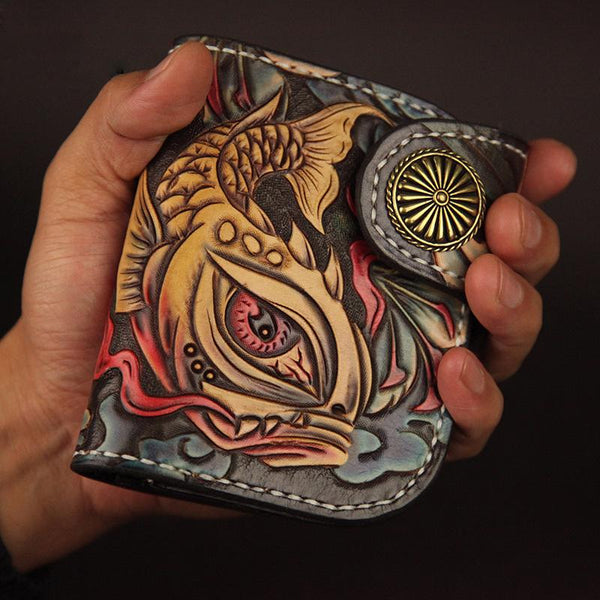 Tooled Arowana Handmade Leather Mens billfold Biker - Back View