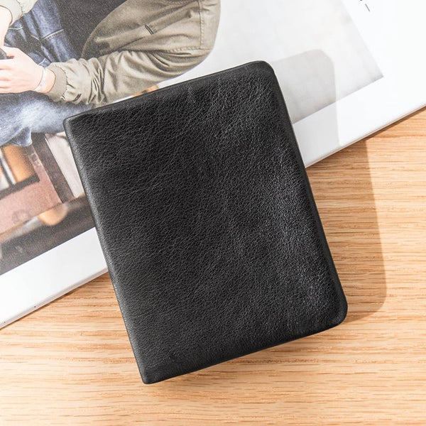Black Soft Leather Mens Small Wallet Multicard Wallet Bifold Vintage Ultra Thin HB00991055
