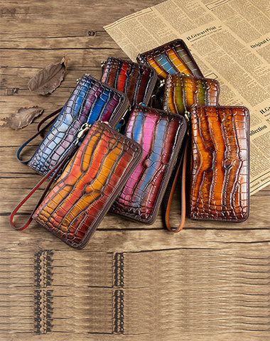 Crocodile Pattern Leather Wristlet Wallet Womens Zip Around Wallets CONTRAST COLOR Ladies Zipper Clutch Wallets for Women