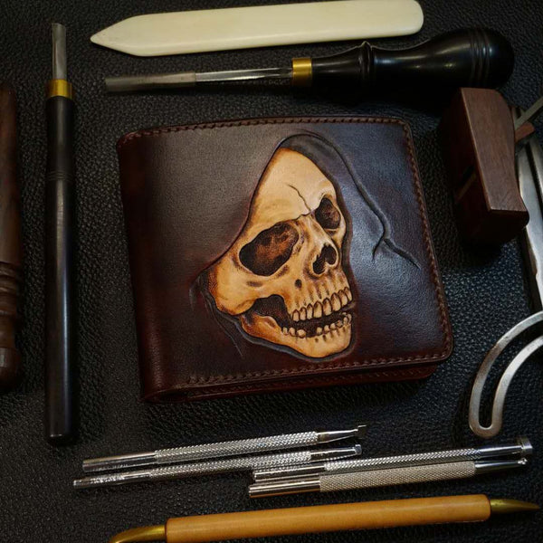 Handmade Leather Skull Tooled Mens Billfold Wallet - Back View