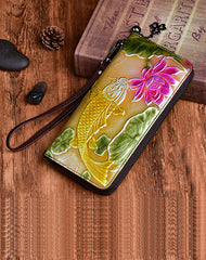 Womens Carp&Lotus Flower Leather Zip Around Wallet Wristlet Wallet Floral Ladies Zipper Clutch Wallet for Women