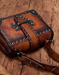 Vintage Brown Leather Small Rivet Shoulder Bag Retro Crossbody Purse For Women