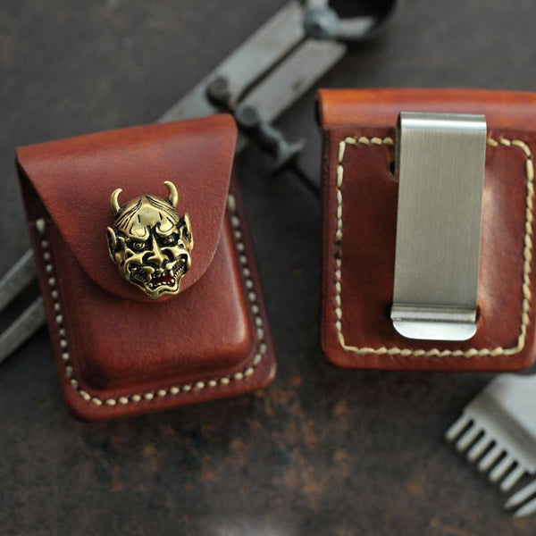 Brown Handmade Leather Mens Zippo Lighter Case - Back View