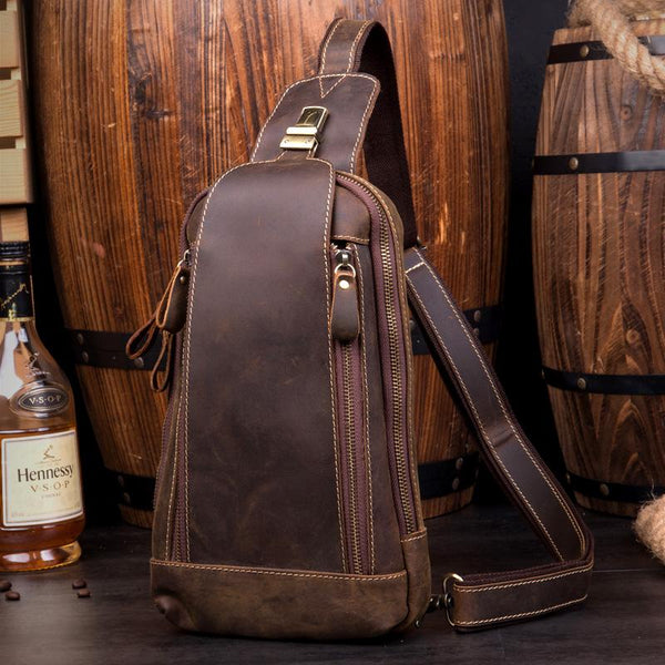 Cool Brown Leather Mens Sling Bag Sling - Back View