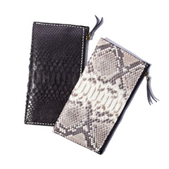 Black Snakeskin Leather Mens Slim Long Wallet Bifold Zipper Clutch Wallet For Men