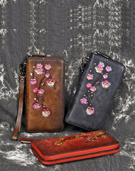 Womens Plum Blossom Flower Red Leather Zip Around Wallet Wristlet Wallet Flower Ladies Zipper Clutch Wallet for Women