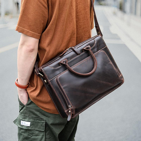 Vintage Black Mens Leather Briefcases Work Handbag - Back View