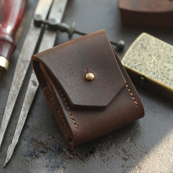 Brown Handmade Leather Mens Zippo Lighter Case - Back View
