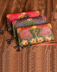 Womens Floral Brown Leather Wristlet Wallets Flowers Zip Around Wallet Floral Ladies Zipper Clutch Wallet for Women