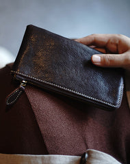Cute Women Brown Zip Leather Wallet Zip Clutch Wallet Slim Zip Wallet For Women