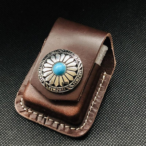 Coffee Handmade Leather Mens Floral Zippo Lighter - Back View