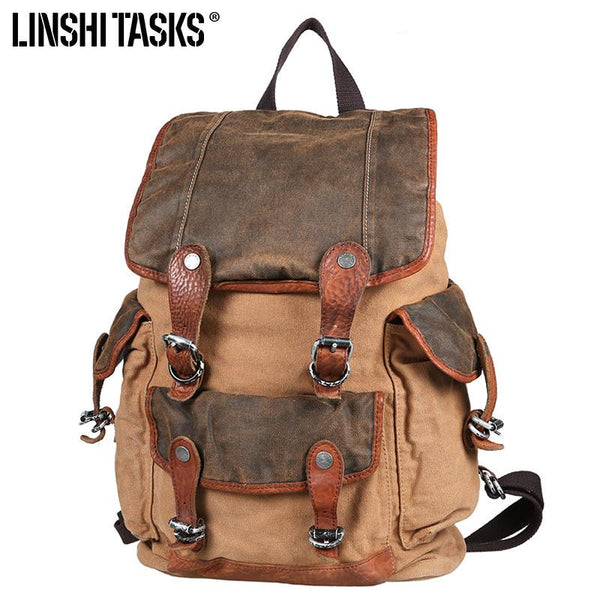 Khaki Canvas Leather Mens Large Backpack School Backpack Canvas Travel Backpack LST03991073