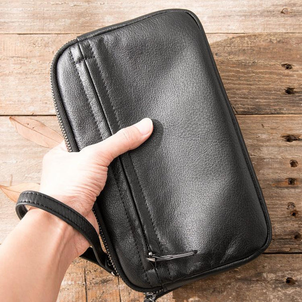 Black Leather Mens Long Zipper Clutch Wallet - Back View