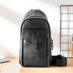 Cool Mens Black Leather 8 inches Chest Bag Sling Black One Shoulder Backpack Sling Backpack for men