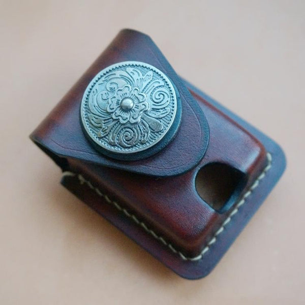 Coffee Handmade Leather Mens Armor Zippo Lighter - Back View