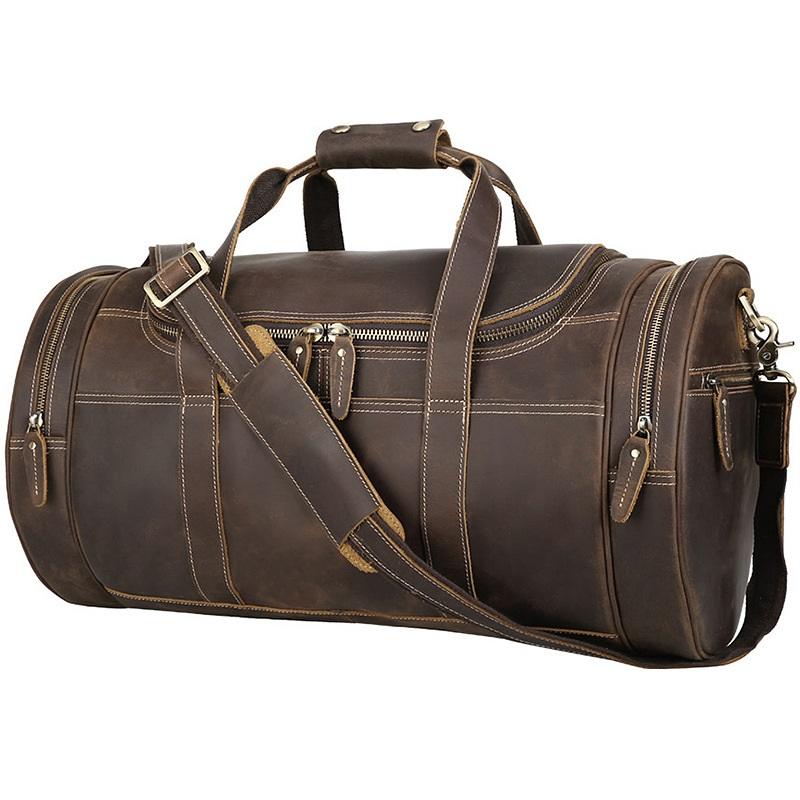 Casual Brown Leather Barrel ound Men's Large Overnight Bag Travel Bag Luggage Weekender Bag For Men
